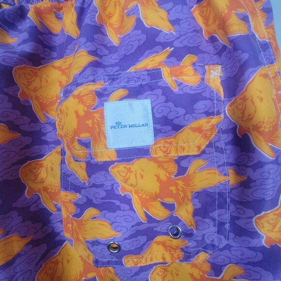 Peter Millar M Swim Trunks Goldfish Print Drawstring Mesh Lined Shorts Purple - Picture 3 of 13